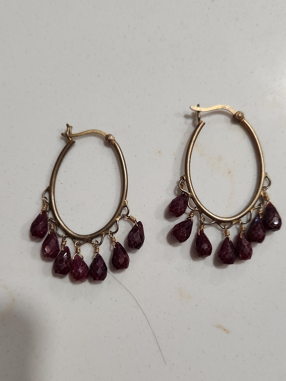 Gold-Tone Hoop Earrings with Deep Red Teardrop Beads
